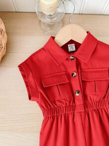 SHEIN LMoss Kids 女宝宝夏季可爱米色短袖收腰领连体衣 - 紅色 - 查看 6