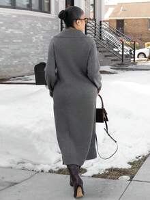 Melissa Matos 女士宽松休闲灰色Polo领针织连衣裙，秋冬毛衣裙 - 灰色 - 查看 2