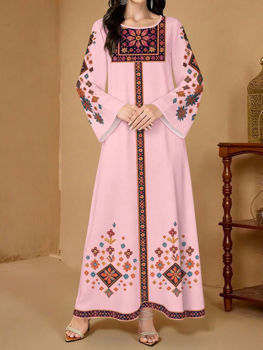 SHEIN Najma 花卉植物印花V领长袖连衣裙，优雅阿拉伯风格长款连衣裙，春夏款 - 彩色 - 查看 1