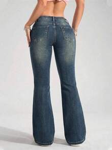 SHEIN ICON 女士口袋纽扣休闲百搭日常喇叭牛仔裤 - 深色水洗藍 - 查看 2