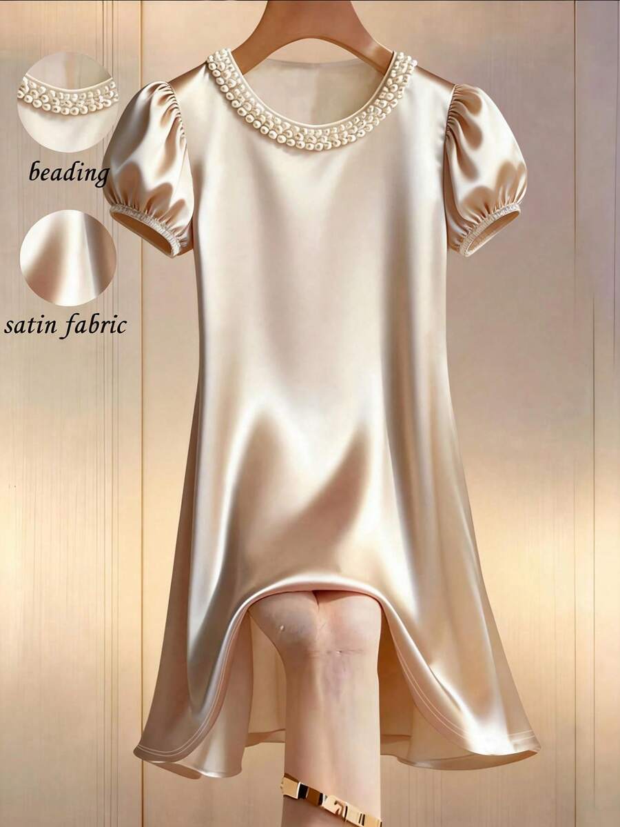 Franclia Đầm satin màu sâm panh cho nữ, cổ áo đính ngọc trai, tay áo cánh hoa, phong cách Pháp lãng mạn thanh lịch, thích hợp cho các buổi hẹn hò. Đầm satin đính ngọc trai, đầm màu kem, đầm tay phồng, đầm sang trọng, đầm dự tiệc cho nữ, đầm vải satin, đầm cổ đính hạt, đầm tay phồng, đầm ngắn thanh lịch, đầm satin cho nữ, đầm ngủ satin thanh lịch, đầm chất lượng cao. - Rượu sâm banh - Xem 1