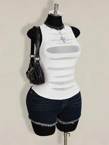 SHEIN ICON Plus Size Women Round Neck Mesh Patchwork Sheer Fitted Casual Top - White - View 6
