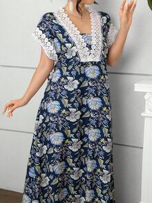 Modelyn 优雅印花拼接蕾丝边长袖连衣裙（女款） - 藏蓝色 - 查看 6