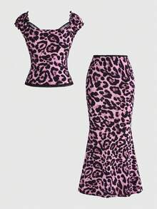 ROMWE Kawaii Letnie stylizacje dla kobiet: dwuczęściowy komplet z koronką w kropki, dekoltem w serek, kokardą i ozdobnym wzorem w kontrastowe wzory, dopasowany do figury, top + spódnica - Fioletowy - Zobacz 2