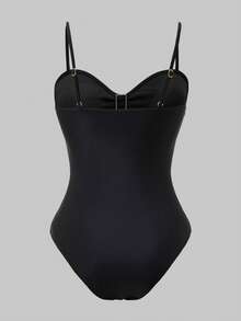 Swim Oasis Women's Black Elegant Ruched One-Piece Swimsuit With Coverup,Summer Beach Holiday Bathing Suit Set,Solid Color Metal Decor Boho Vacation Outfits,2026 - Black - View 5