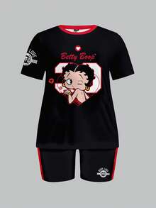 Slaydiva Betty Boop x SHEIN 大码女式圆领卡通字母印花短袖上衣和短裤休闲日常两件套 - 彩色 - 查看 6