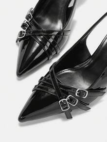 CUCCOO CURVES Women Shoes Women Pointed Black Buckle Multiple Straps Design Daily Versatile Fashion Wide Last High Heels - Black - View 8