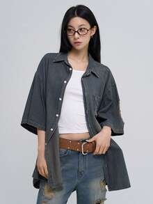 DAZY 女士单排扣做旧休闲百搭日常牛仔衬衫 - 藍色 - 查看 4