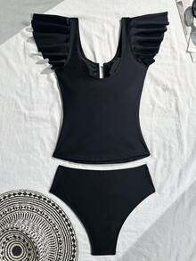 Swim Lushoire Solid Color U-Neck Steel Bra Top With Ruffle Trim High Waist Bikini Bottom 2 Pieces Swimwear - Black - View 8