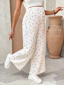SHEIN 可调节腰围心形图案休闲孕妇裤 - 白色 - 查看 3
