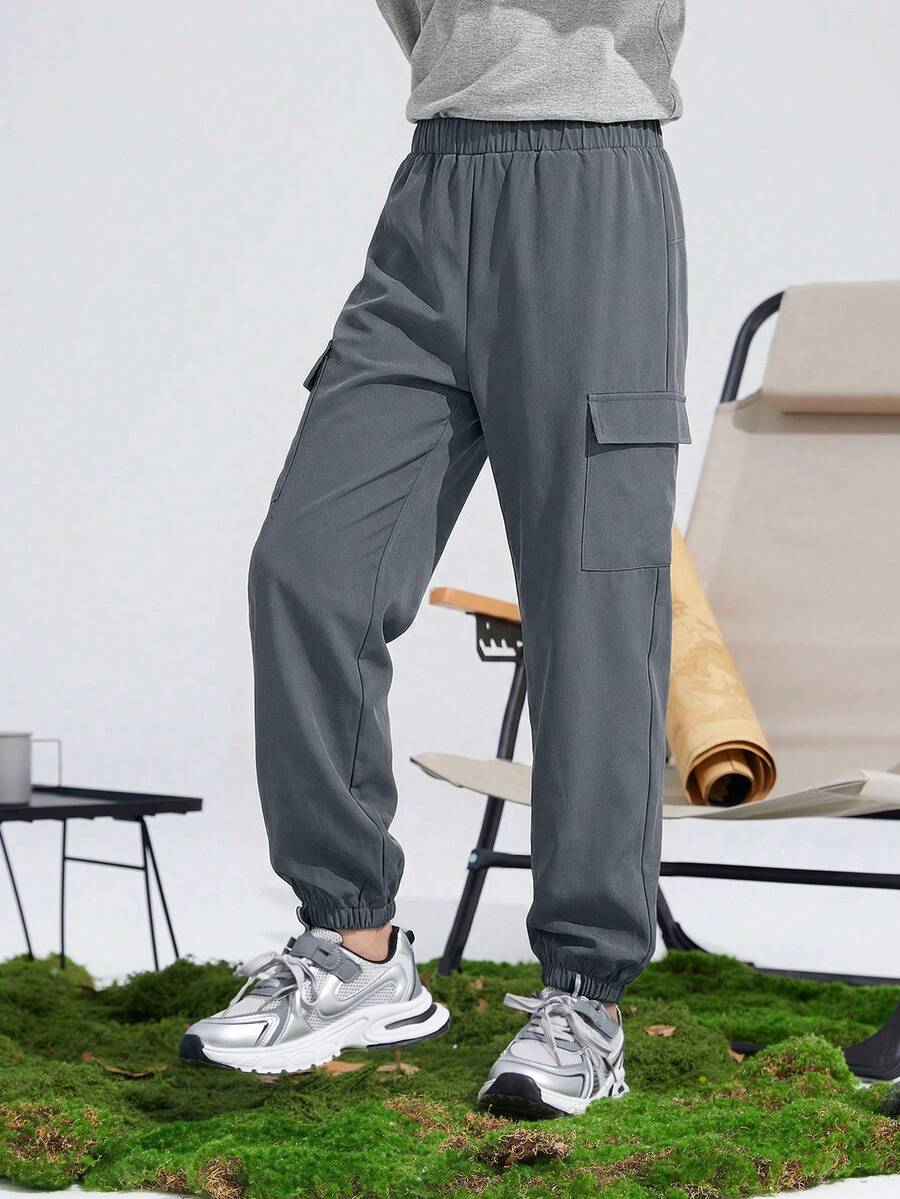 SHEIN 青少年男童休闲纯色工装裤 - 灰色 - 查看 1