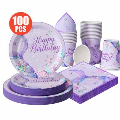 Happy Birthday Purple Mermaid Tail Disposable Plate, Napkin, And Cup, Disposable Party Supplies Set, Suitable For 25 Guests, Disposable Paper Plate Party Tableware Suitable For Birthday, Wedding Theme Parties, Family Picnics