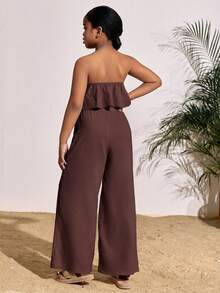 SHEIN Conjunto de top halter de unicolor y pantalones de pierna ancha casual de vacaciones para niñas preadolescentes - Marrón - Ver 2