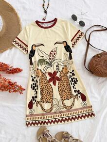 SHEIN Đầm ngắn tay cổ tròn in họa tiết động vật dáng lửng cho bé gái, thích hợp mặc mùa hè. - Nhiều màu - Xem 3