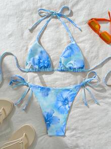Swim Vcay Women's Sexy Random Print Halter Tie Bikini Set, Summer - Multicolor - View 2
