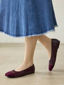 MOTF WOMEN CONTRAST PU LEATHER SQUARE TOE FLATS FOR CHRISTMAS SPRING SHOES - Burgundy - View 7