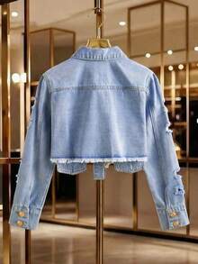 GlowEve 女士单排扣毛边休闲百搭日常长袖牛仔外套 - 藍色 - 查看 2