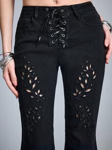 ROMWE Goth 哥特式镂空紧身喇叭牛仔裤 - 黑色 - 查看 6