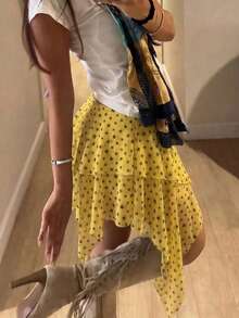 Rina Fox 女士夏季沙滩星形印花不对称下摆A字裙 - 黃色 - 查看 1