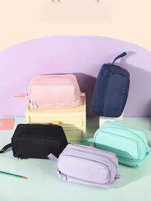 Large Capacity 4 Compartments Multi-Layer Zipper Stationery Bag, Standable On Desktop, Portable With Handle, Suitable For Office, School, College, Adults, Black, Back-To-School Gift, School Supplies, Pencil Pouch, School Bag - Multicolor - View 4