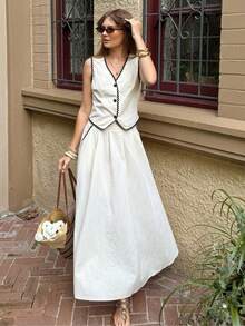 Serisse Women's Vacation Casual Woven Trim Camisole And Skirt 2 Pieces Set,Summer ,Spring,Valentine's Day,Party,Wedding,Ceremony,Elegant ,Vacation,Casual, Formal, - Apricot - View 3