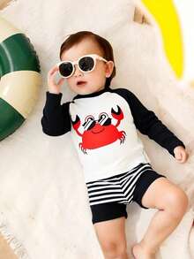 SHEIN 2pcs Baby/Toddler Boys' Swimwear Set,Cute Cartoon Crab Graphic Long Sleeve Rashguard & Trunks,White Summer Vacation Holiday Beach Outfit Rash Guard - Multicolor - View 5