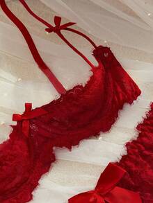 SpicyHot Bộ đồ lót Babydoll ren đỏ bán trong suốt với chân váy bồng bềnh và dây đeo mảnh, Đồ lót Babydoll, Đi chơi, Vẻ ngoài quyến rũ - Đỏ - Xem 3