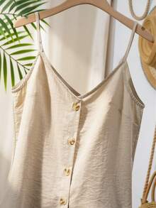 SHEIN LUNE Women's Sleeveless V-Neck Camisole Tank Top, Loose Fit, Lightweight, Summer - Beige - View 3