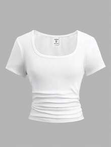 Girlism 2pcs Tween Girl Black & White Minimalist Ruched Waist Fitted Crew Neck Short Sleeve T-Shirt Set - Black and White - View 3