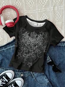 Bộ 3 áo croptop phong cách Grunge Vintage Punk Goth in hình trái tim, cánh và chữ thập, cổ tròn, tay ngắn, cạp cao, dáng regular, thích hợp cho mùa hè. - Nhiều màu - Xem 3