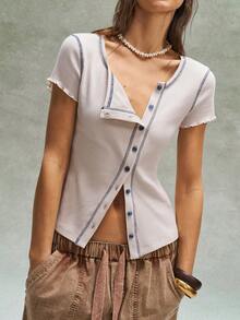 Bohemela Casual Solid Color Knit Fitted Short Sleeve T-Shirt For Women,Summer Top - Apricot - View 1