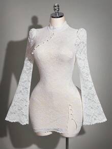 SHEIN ICON Fitted Lace Fabric Asymmetrical Shoulder Long Sleeve Split Mini Dress - White - View 1