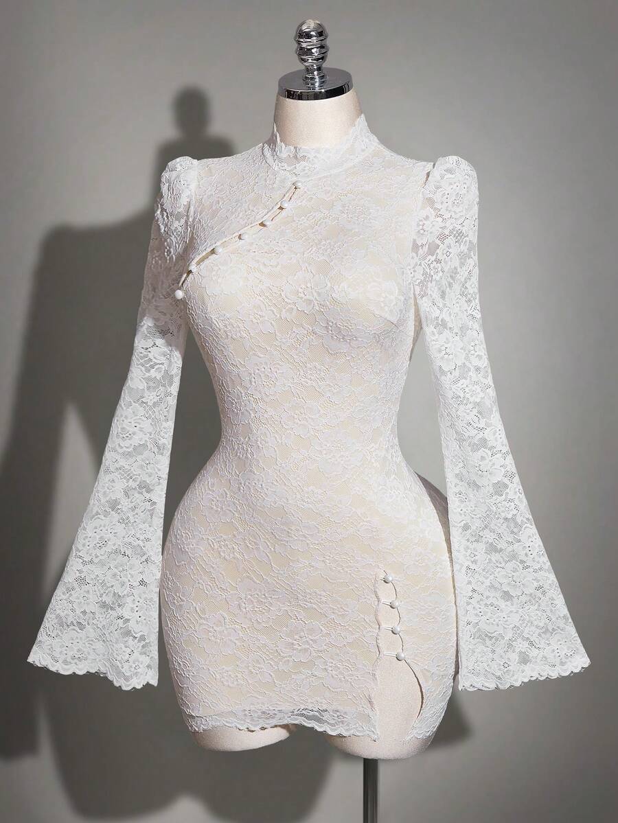 SHEIN ICON Fitted Lace Fabric Asymmetrical Shoulder Long Sleeve Split Mini Dress - White - View 1