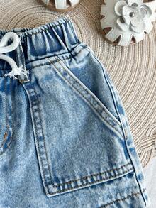 Girls' Casual Denim Shorts, Light Blue Elastic Waistband Jeans For Young Girls, Summer Versatile Cute Little Jean Shorts For Comfort - Light Wash - View 5