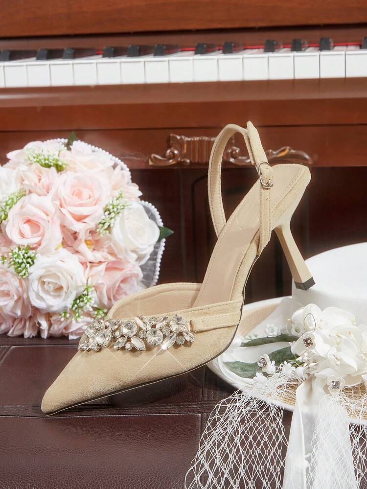 CUCCOO HITCHD Women's Elegant High-Heel Pumps, Pointed Toe With Rhinestone Chain, Khaki Suede, Suitable For Wedding Bride, Bridesmaid, Guest, Party