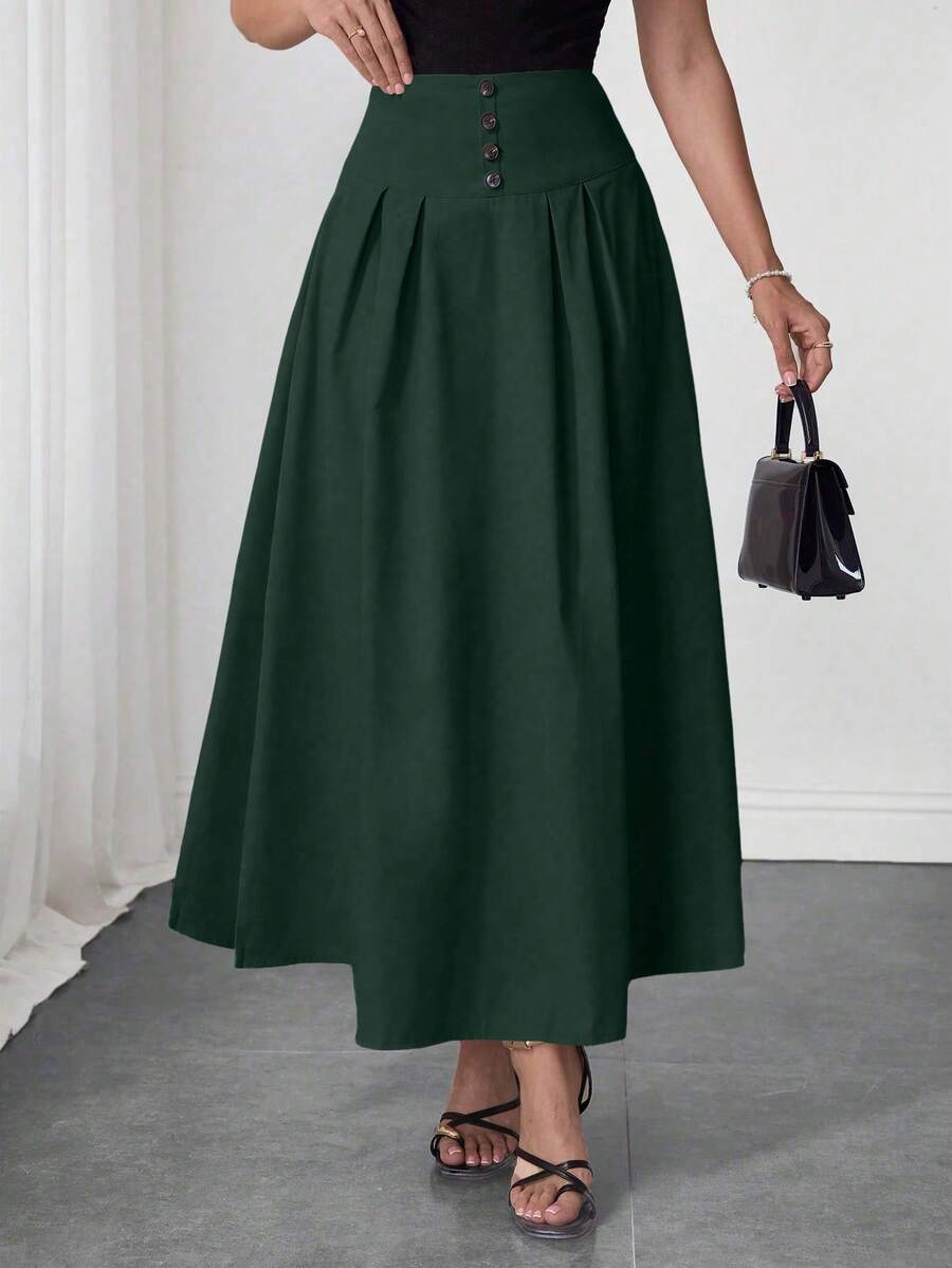 Modelyn Elegant Commuter Solid Color Pleated Hem A-Line Skirt, Summer - Dark Green - View 1