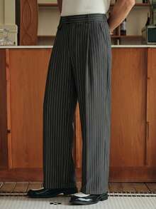 SWAVVY Pantalones casuales anchos con pliegues y rayas para hombres - Gris Oscuro - Ver 1