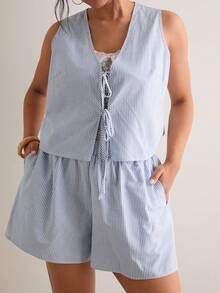 Levarali Plus Size Bohemian Light Blue Stripe Sleeveless 2-Piece Set Summer Smart Casual Tie-Up V-Neck Vest Top Loose Wide Leg Shorts Outfit Beach Vacation - Blue and White - View 6