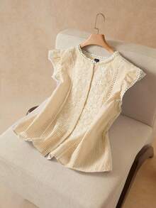 Elaquor 大码夏季休闲条纹花卉刺绣短袖衬衫 - 黃色 - 查看 1