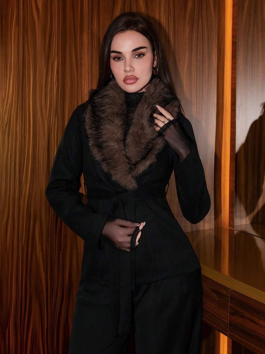 Bris Aura 女士时尚优雅系带修身大衣，配可拆卸人造毛领 - 秋冬假日季，黑色短款夹克，黑色皮草外套，泰迪熊外套，冬季女装外套，女士皮草外套，女士冬季服装，女士黑色西装外套 - 黑色 - 查看 1