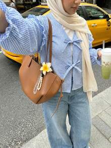 Solavon 女士格子前系带长袖宽松休闲衬衫 - 藍白色 - 查看 6