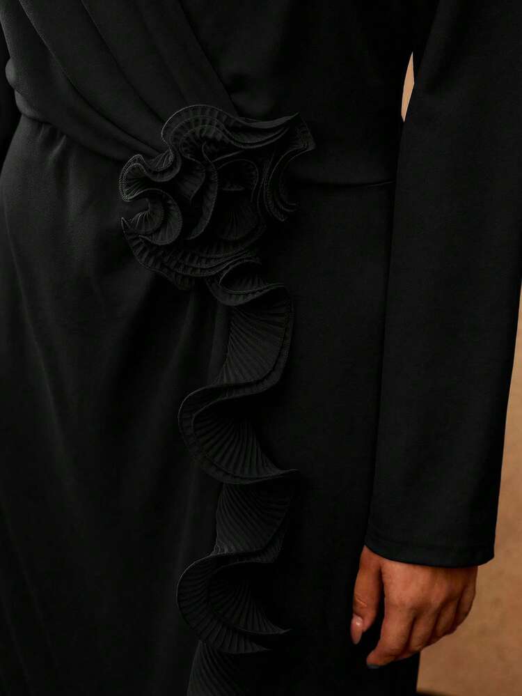 PLUS SIZE WRAP-STYLE 3D FLORAL RUFFLE TRIM LONG SLEEVE MIDI FITTED DRESS, SUITABLE FOR AUTUMN/WINTER PARTY