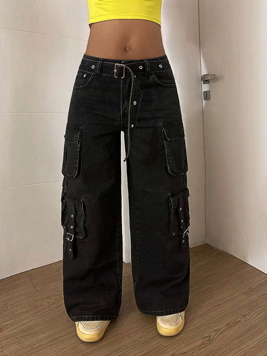 StreetHx 女士休闲水洗牛仔裤，配腰带 - 黑色 - 查看 1