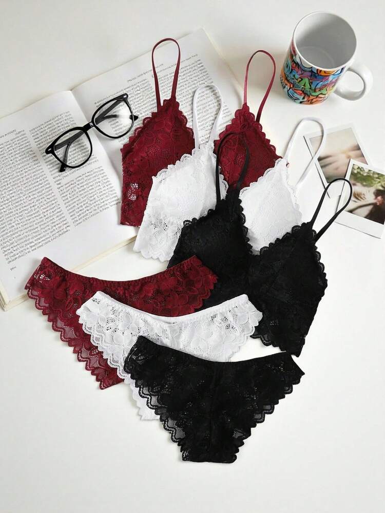 3sets Floral Lace Bra & Panty Lingerie Set