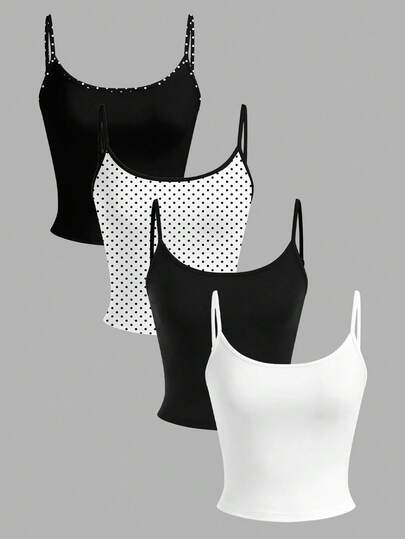 SHEIN EZwear Conjunto de 4 piezas de camisetas minimalistas y retro a lunares en blanco y negro, de estilo versátil adecuado para el verano