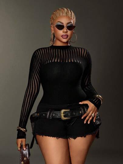 Maweii 大码女式性感镂空拼接衬衫