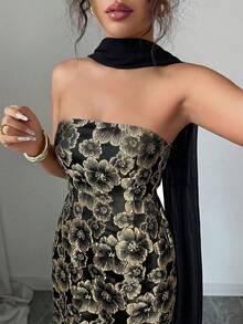 Elenzga Đầm nữ thanh lịch, lãng mạn màu hồng và vàng họa tiết hoa jacquard, không dây vai, thắt eo, dáng suông, có dây buộc cổ, thích hợp cho hẹn hò, mua sắm, lễ hội âm nhạc và nhiều dịp khác, đầm nữ xuân/hè, đầm mới nhất, đầm nữ dự tiệc, đầm nữ ấn tượng. - màu đen - Xem 3