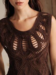 Anewsta Blusa casual ajustada de talla grande para mujer con cuello redondo y diseño calado de unicolor - Marrón - Ver 2