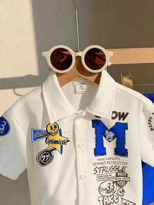 SHEIN 2件套男童休闲简约时尚经典学院风英文字母运动撞色短袖衬衫短裤套装 - 彩色 - 查看 3