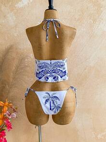 Soleia Women's Summer Beach Vacation Tropical Print Backless Tie-Front Split Bikini Set - Multicolor - View 2